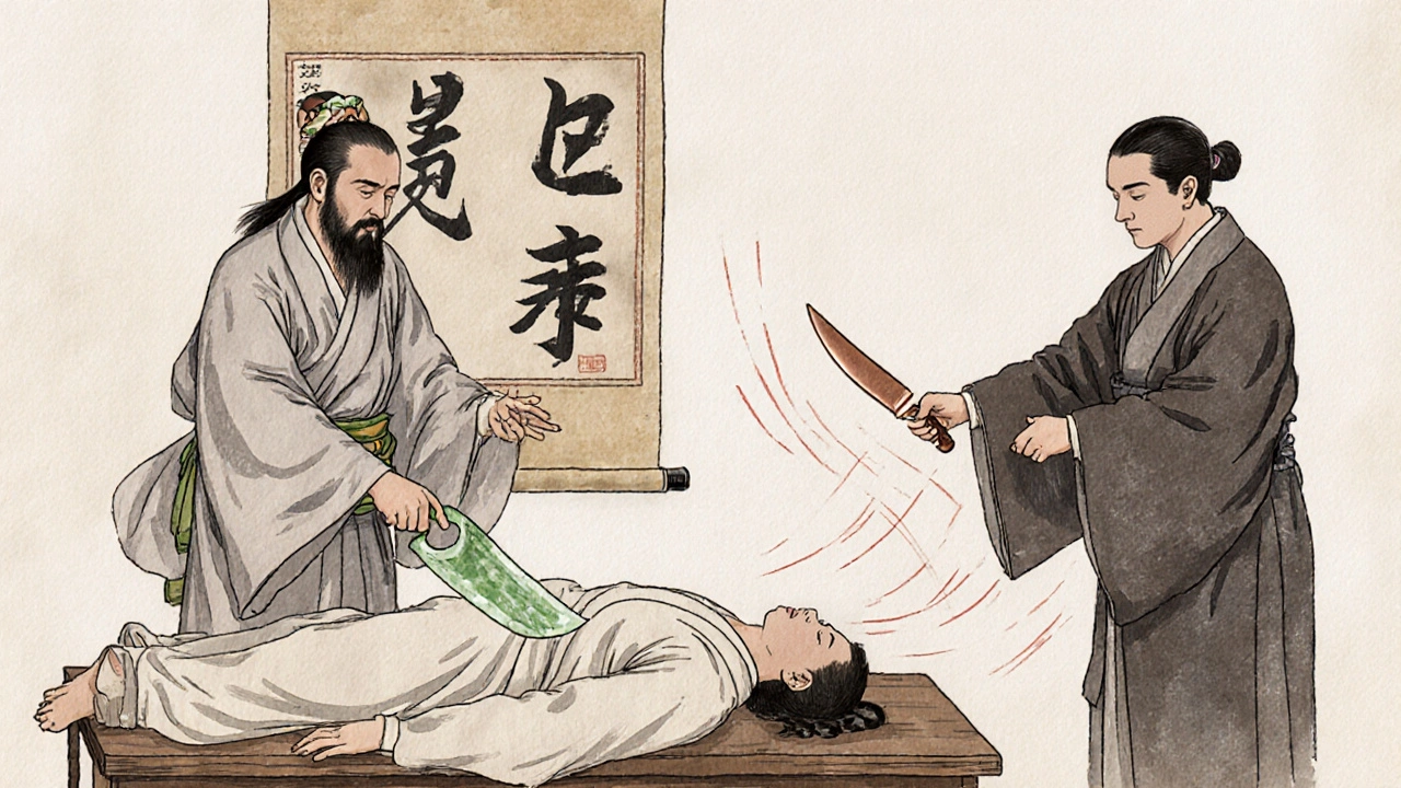 Ancient Chinese healer with a jade knife and early 20th‑century Japanese therapist demonstrating blade flow.