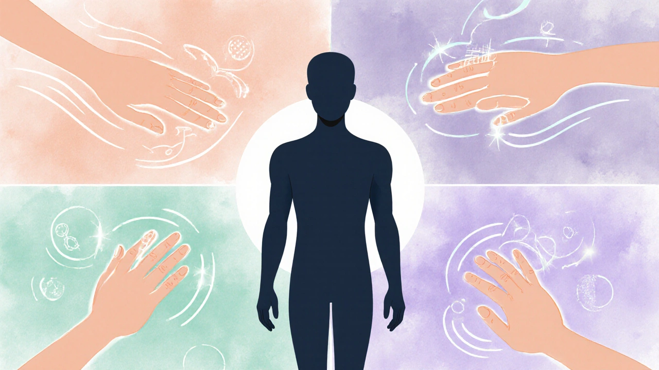 Artistic collage showing the five Swedish massage strokes with illustrated hands and motion effects.