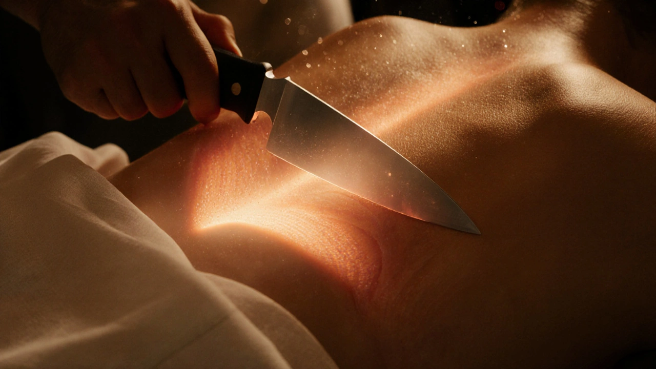 Close‑up of a blade gliding over a client's back, leaving a glowing trail that shows fascia release.