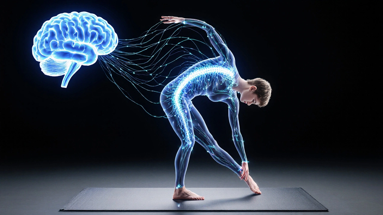 Figure turning with glowing neural pathways linking brain and body, illustrating rewiring.