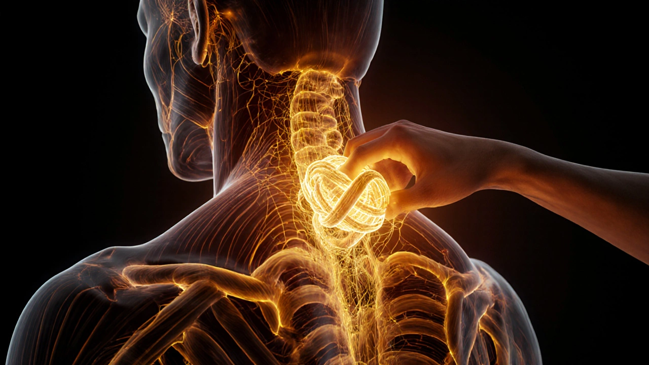 Glowing golden fascial web wrapping the body, with a hand unraveling a knotted tension point.