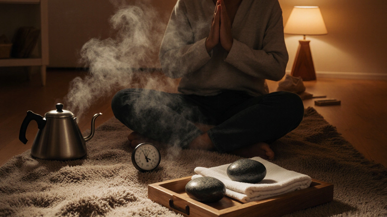 Person at home using two warm basalt stones on a towel, with a kettle steaming nearby.