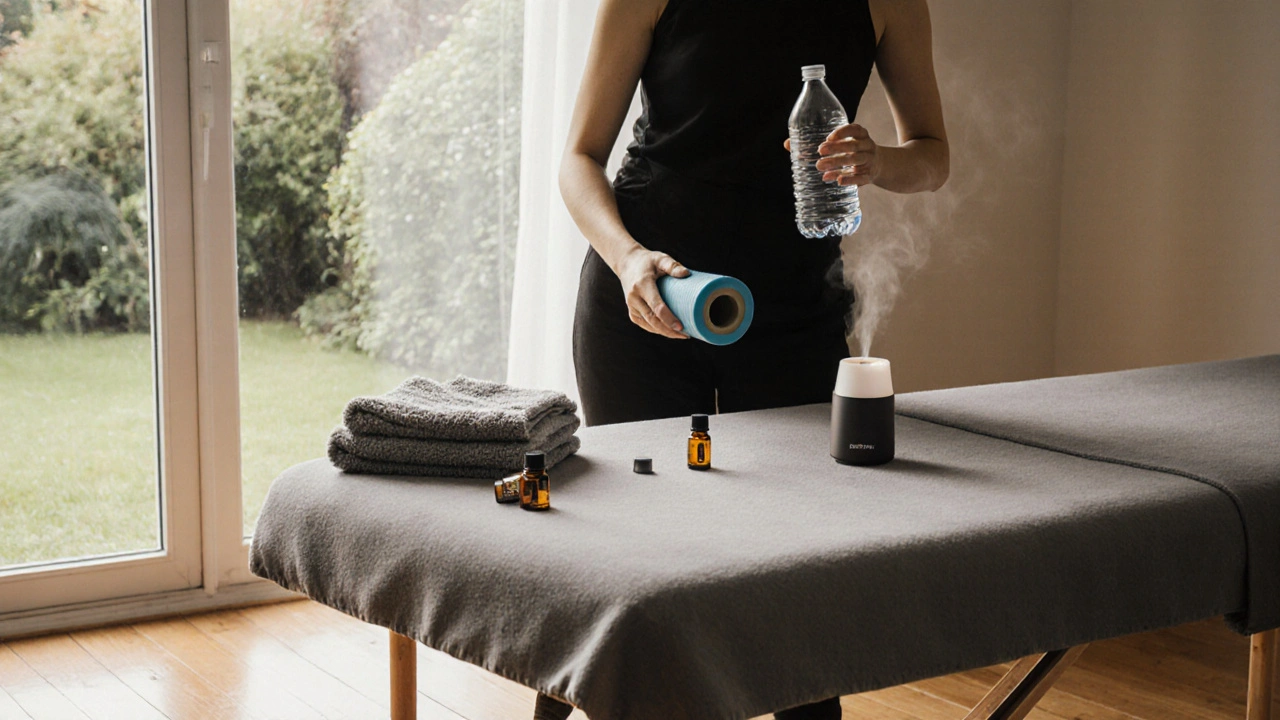 Person preparing for a home Swedish massage with water bottle, foam roller, and diffuser in a bright room.