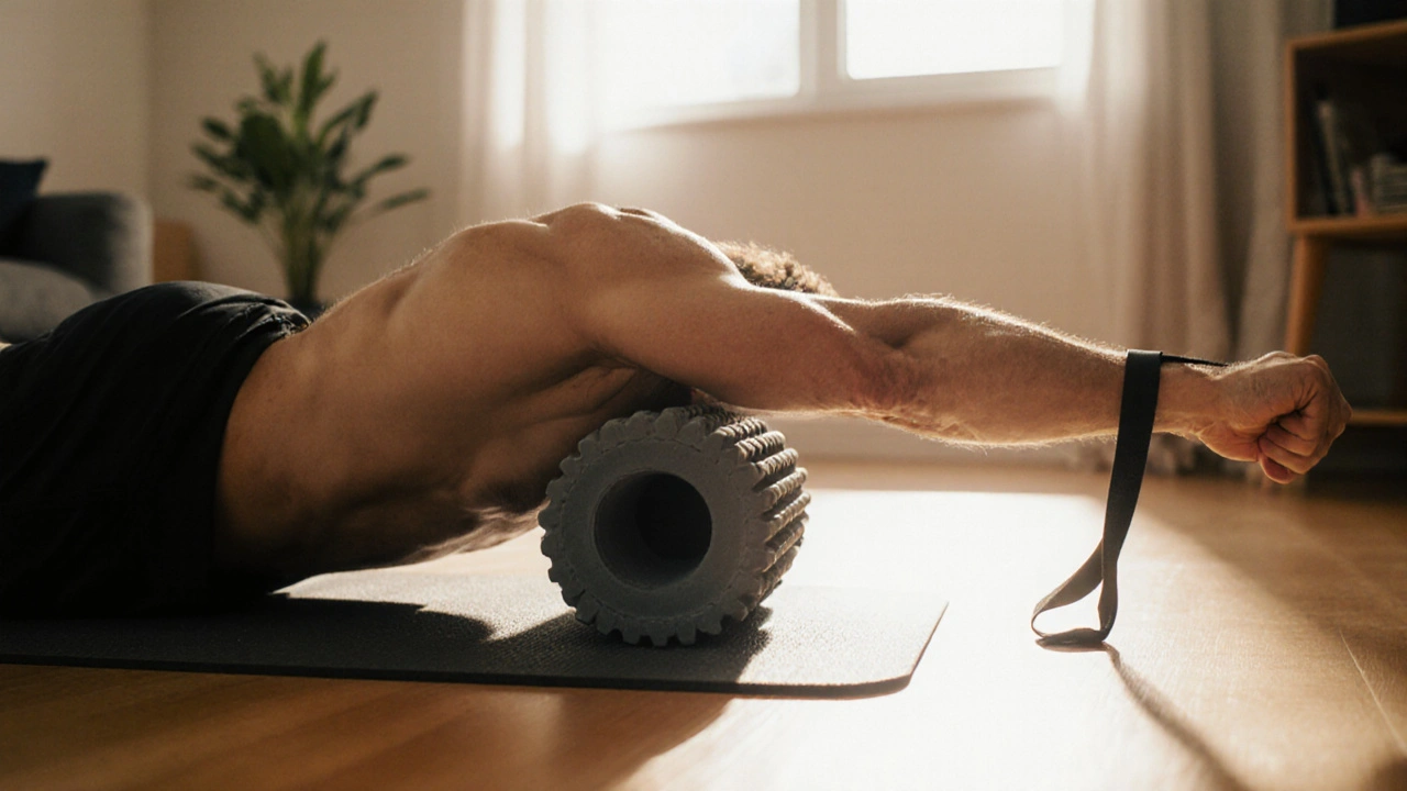 Person using a foam roller and resistance band for fascia stretching in a bright living room.