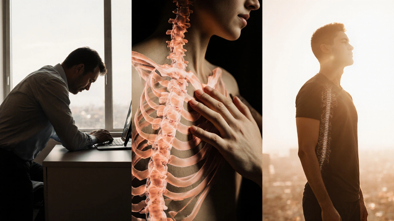 Three-panel visual showing posture transformation from hunched to upright through myofascial release.