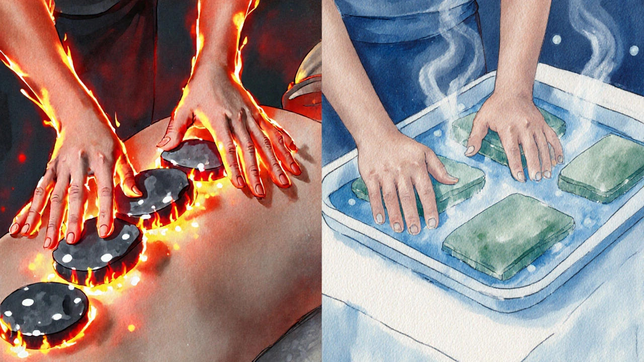 Watercolor split scene showing hot basalt stones in red tones and cool jade stones in blue tones.