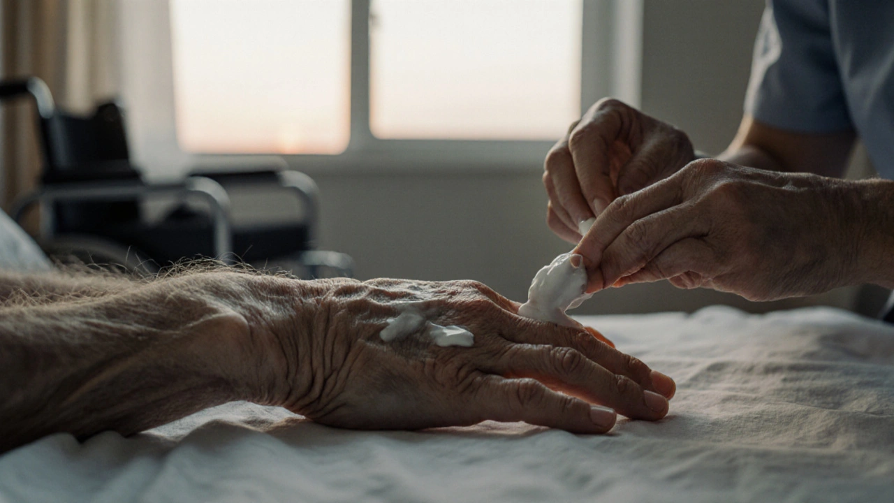 A caregiver applies lotion to an elderly patient’s hand with slow, tender strokes in a quiet hospital setting.