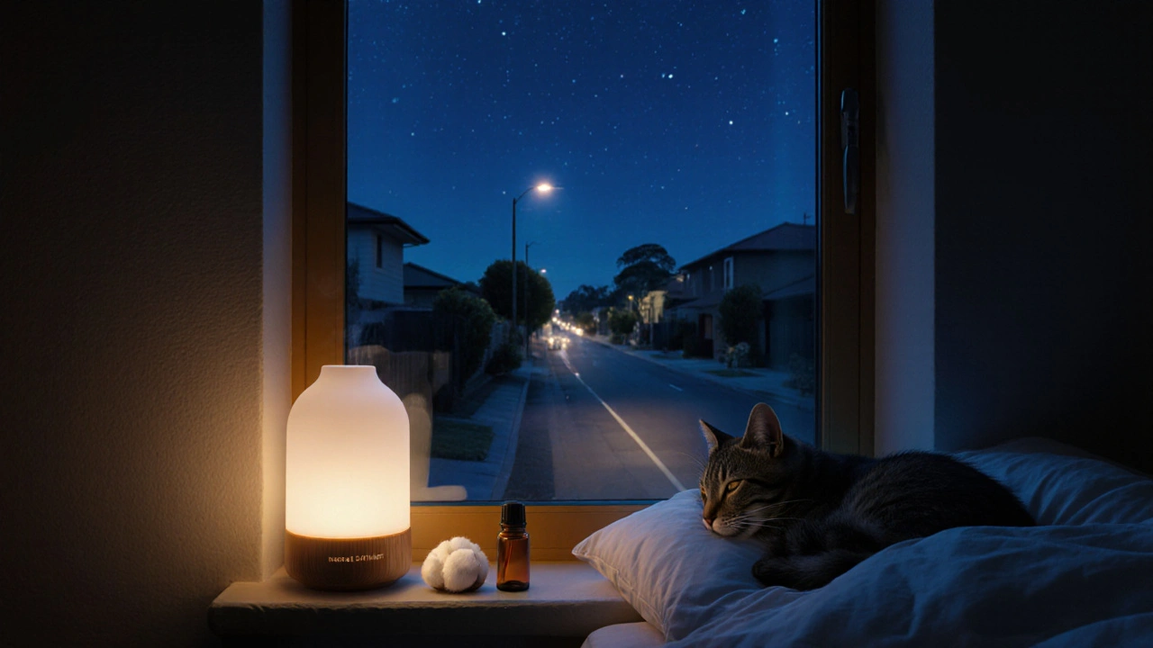 A cozy bedroom at night with a diffuser, cotton ball under a pillow, and a sleeping cat.