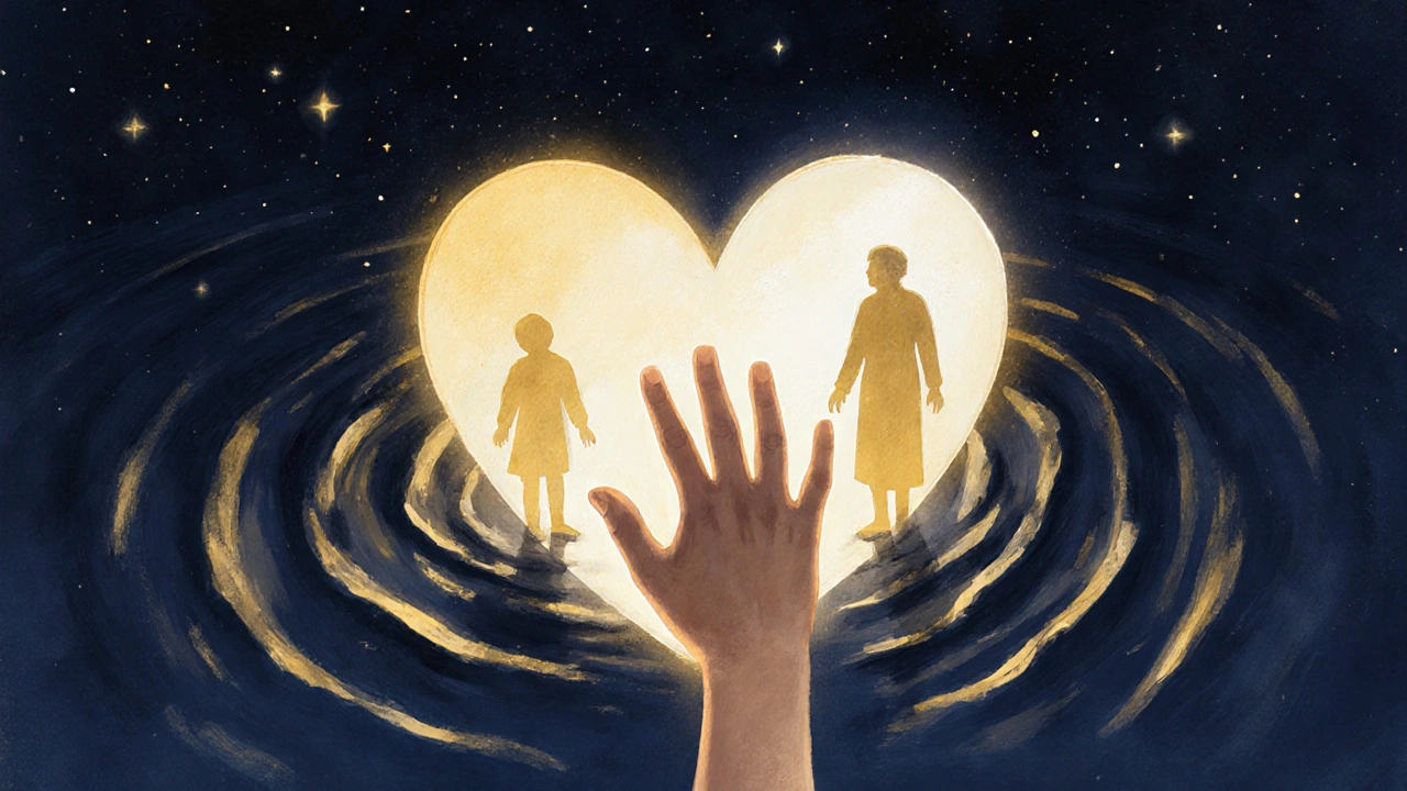 A hand resting on a glowing heart with ripple effects of connection.