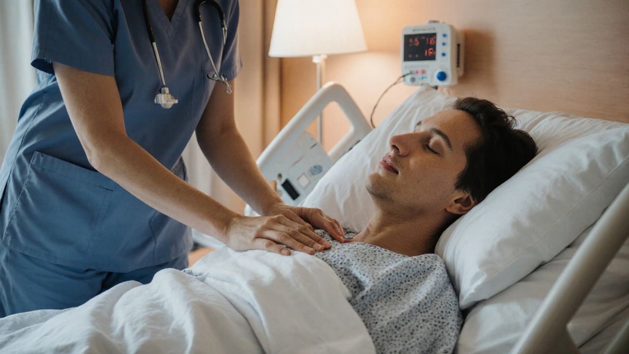 A nurse performing therapeutic touch over a patient&#039;s bed.