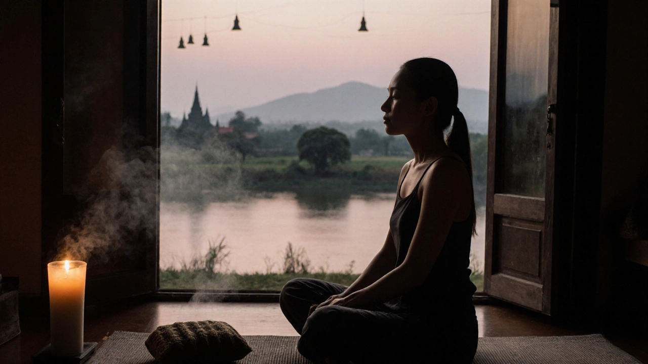 A person sitting peacefully after a massage, steam rising from herbal compress as twilight settles over the Mekong valley.