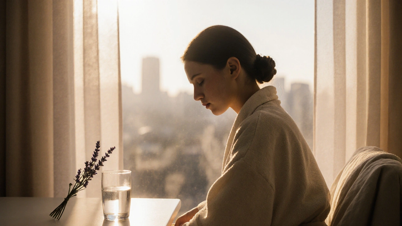 A person sitting quietly after a massage, tears on their cheeks, wrapped in a robe as morning light shines through curtains.