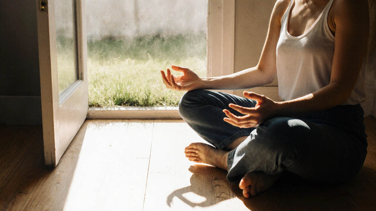 A woman placing her hands on her forehead and belly while breathing deeply, barefoot on grass near a sunlit window.