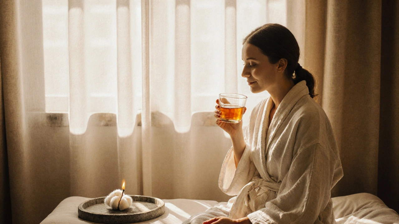 A woman relaxing after a fire massage, sipping tea in quiet sunlight, wrapped in a cotton robe.