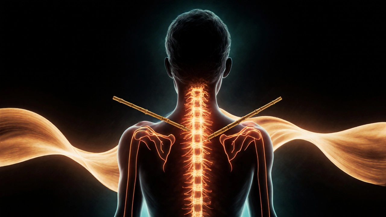 Abstract representation of heat and circulation flowing along the spine during a bamboo massage, glowing lines in warm tones.