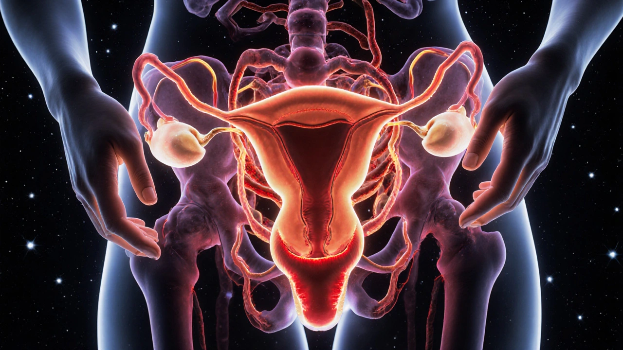 Abstract representation of pelvic organs realigning with restored blood flow and dissolving scar tissue.