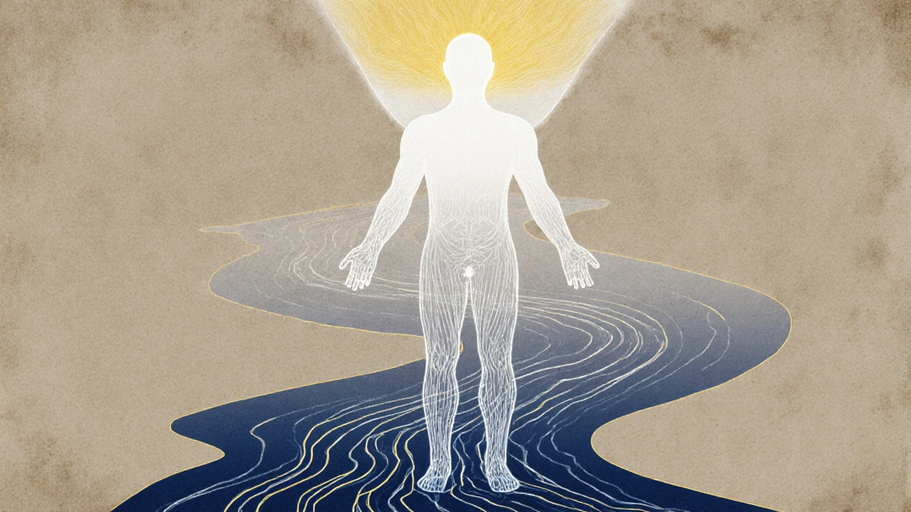 An abstract diagram of energy flowing from head to feet in a balanced, glowing river-like pattern across the body.