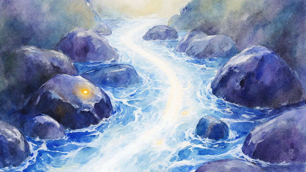 An abstract representation of the body&#039;s three energy fields as flowing light along the front, back, and spine.