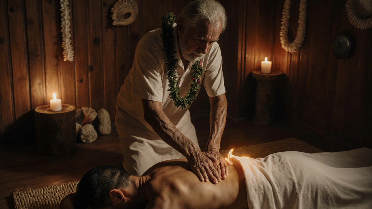 An elder performing lomilomi massage with flowing hand movements, candlelight glowing in a sacred space.