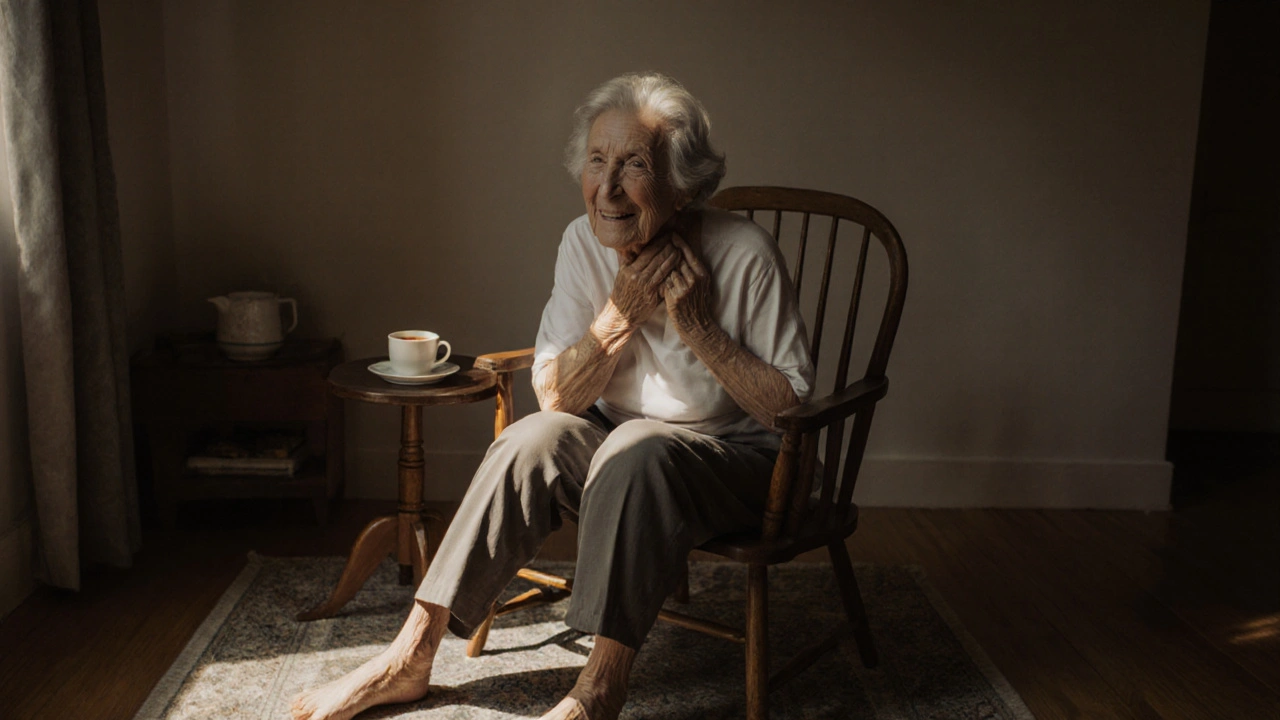 An elderly woman gently tilting her neck at home, finding comfort in a quiet, sunlit room.