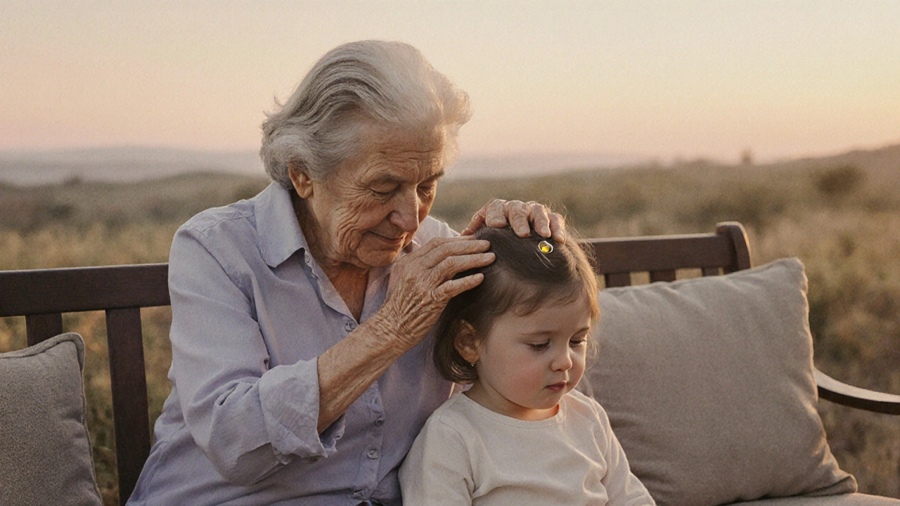 An elderly woman giving a calming scalp massage to a child at twilight.