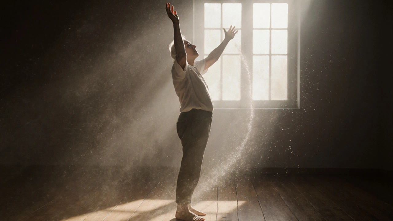 An older adult standing with arms floating upward, eyes closed, embodying lightness and bodily freedom.