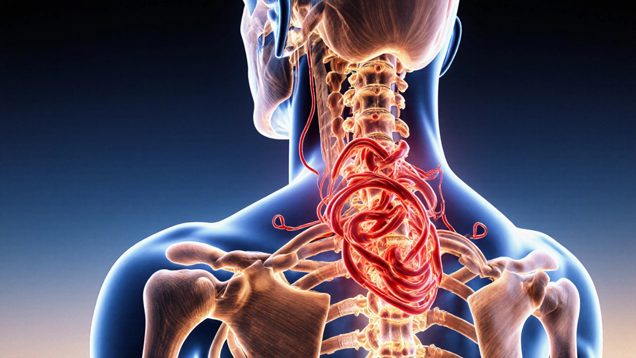 Anatomical illustration showing fascia knots being released by suction, with blood flow restoring mobility.
