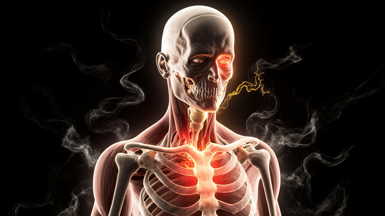 Anatomical illustration showing stress trigger points releasing as golden light.