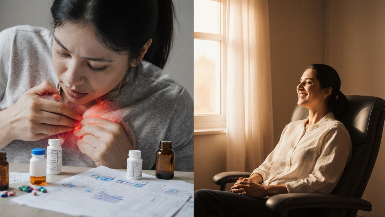 Before and after comparison: pain and medication versus relaxation and relief after Amma massage.