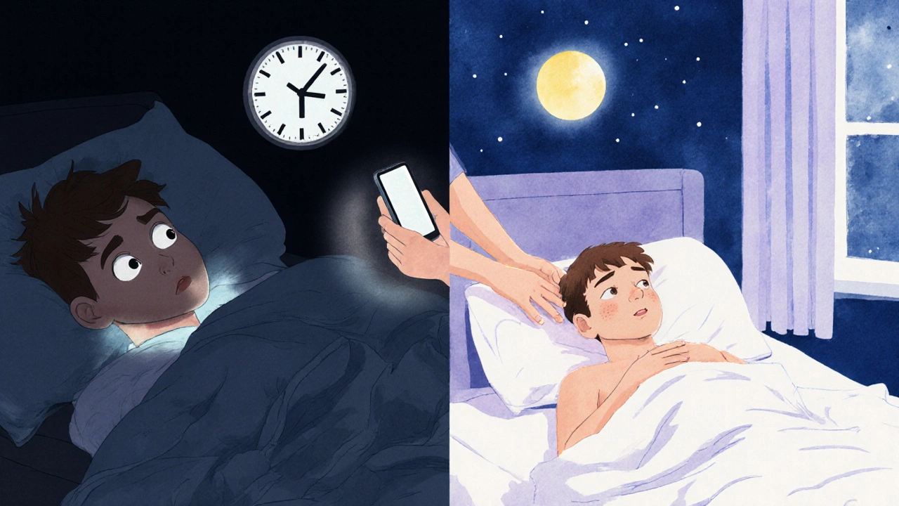 Before and after comparison: someone struggling with insomnia versus sleeping peacefully at night.