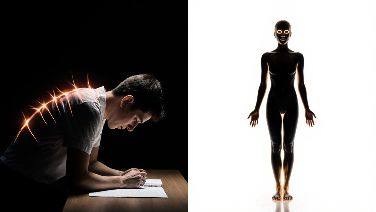 Before and after contrast showing tension release and restored posture through Thai massage.