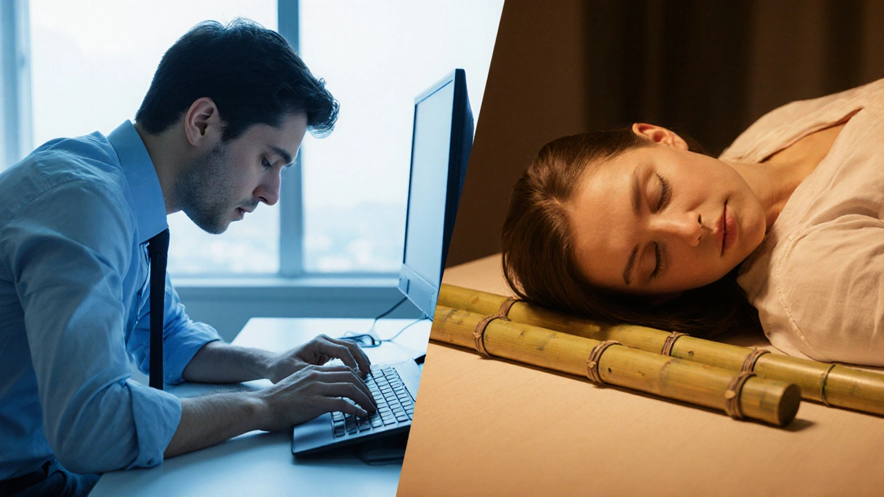 Before and after: stressed office worker transformed into relaxed, at ease client.