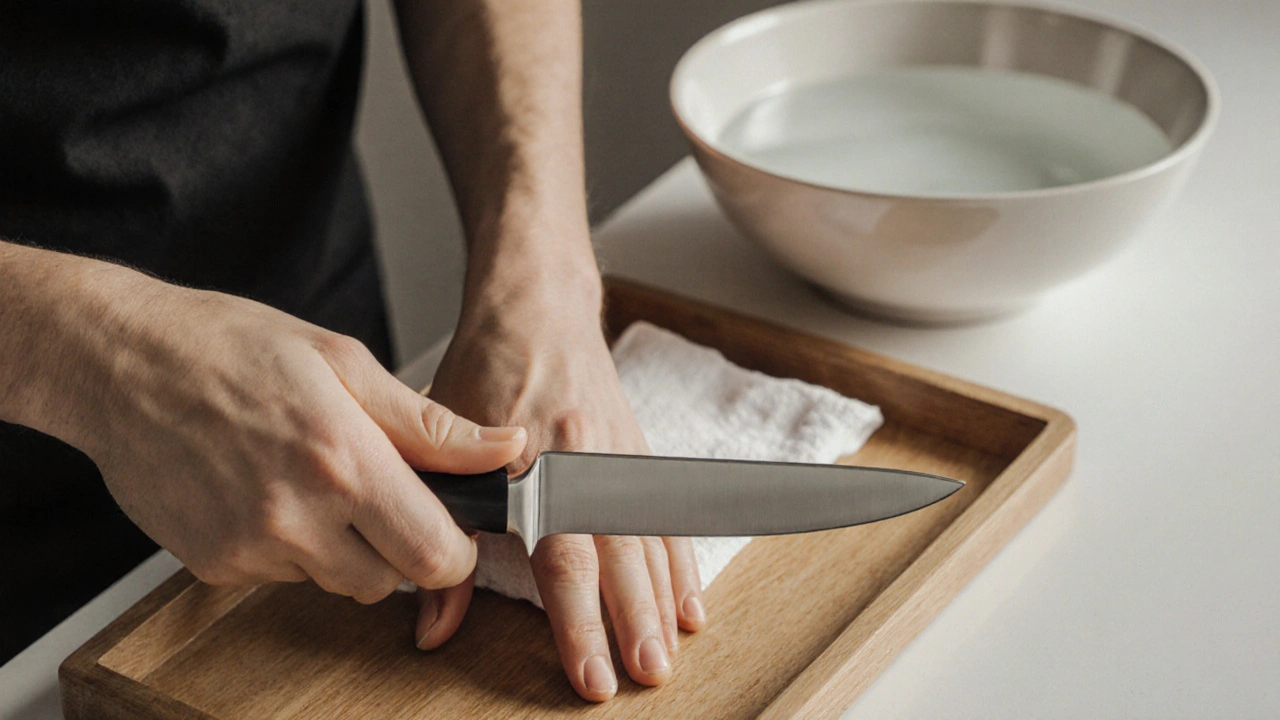 Close-up of a smooth, blunt-edged stainless steel knife resting on a wooden tray beside a cotton wrap.