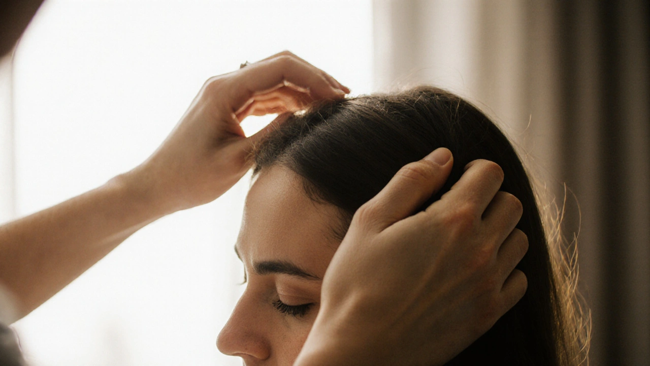 Close-up of fingers lightly tugging hair roots during traditional champissage technique.