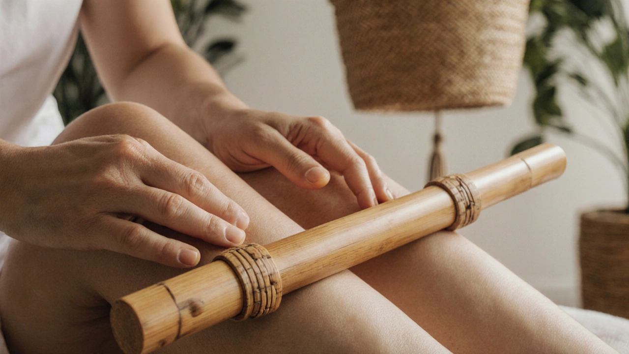 Close-up of hand-carved bamboo rods gliding smoothly over muscular tension.