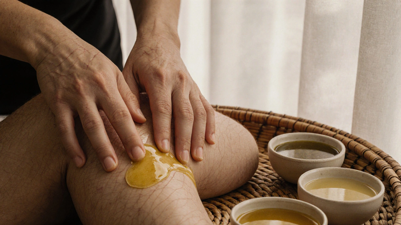 Close-up of hands applying coconut oil in circular motions around a joint, with organic oils in ceramic bowls nearby.