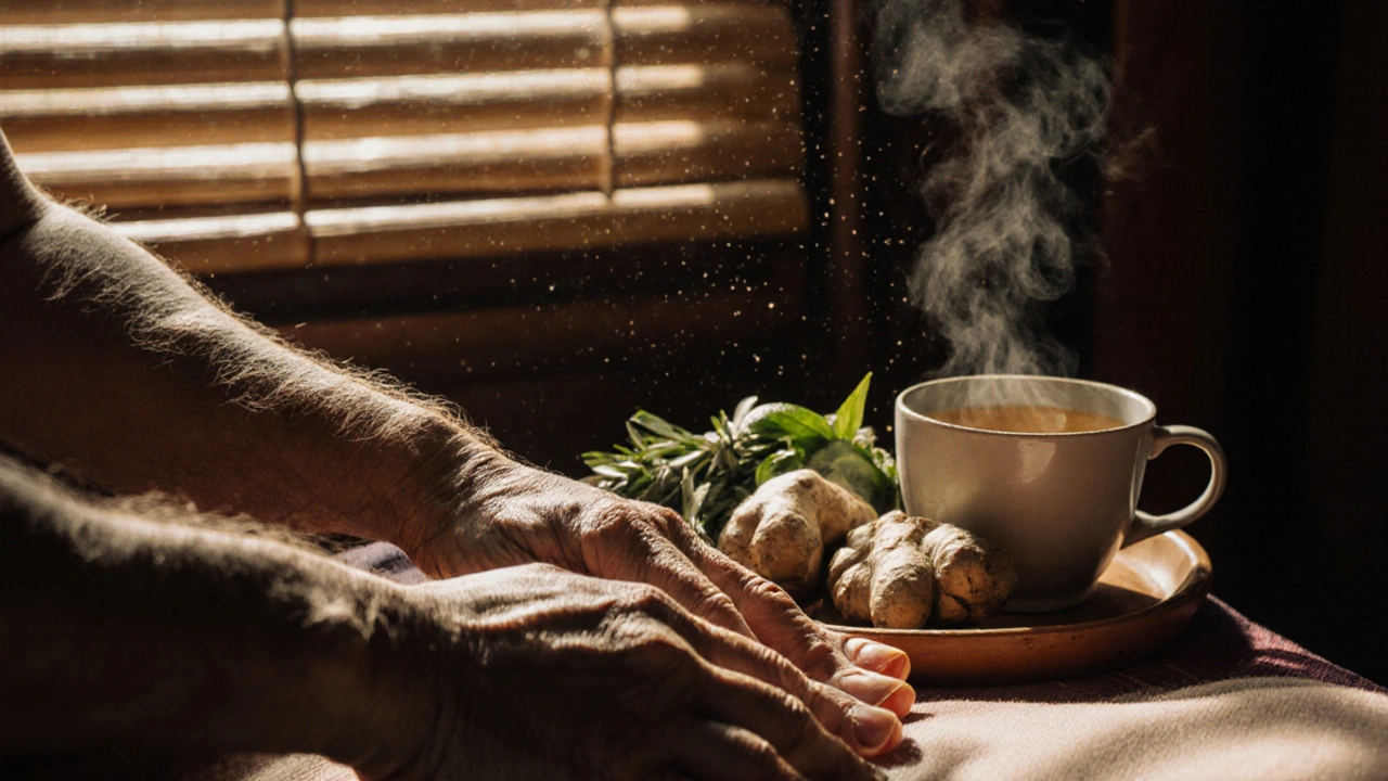 Close-up of hands applying pressure along energy lines during Laos massage, with steaming herbal bundles nearby.