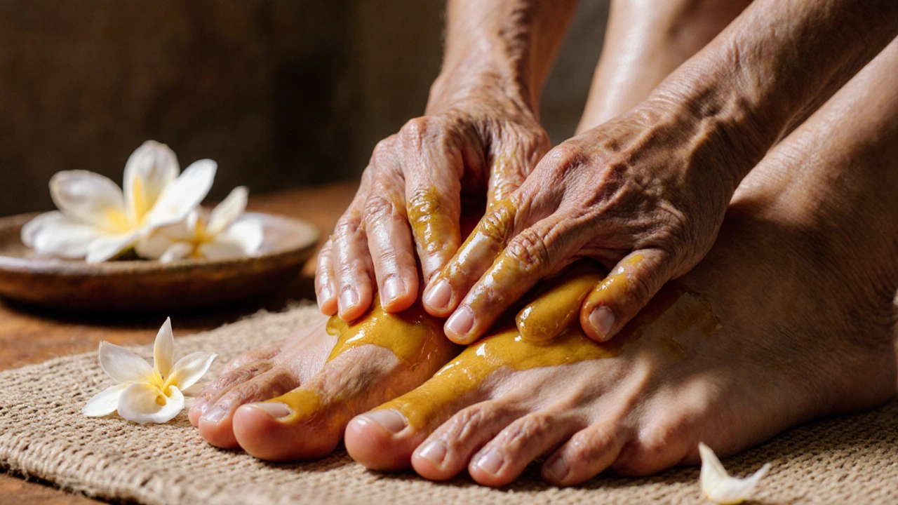 Close-up of hands applying warm herbal oil to bare feet, with frangipani petals nearby and golden light highlighting the skin.