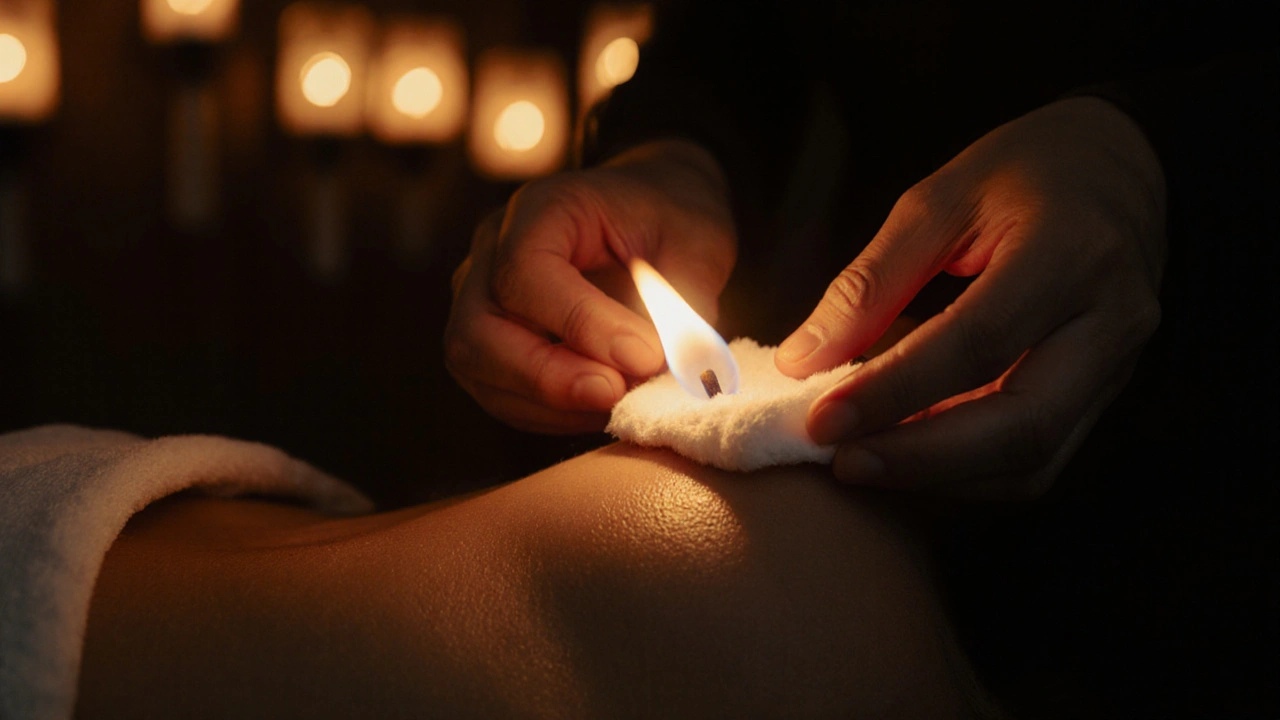 Close-up of hands holding a small flame hovering just above skin during a controlled fire massage technique.