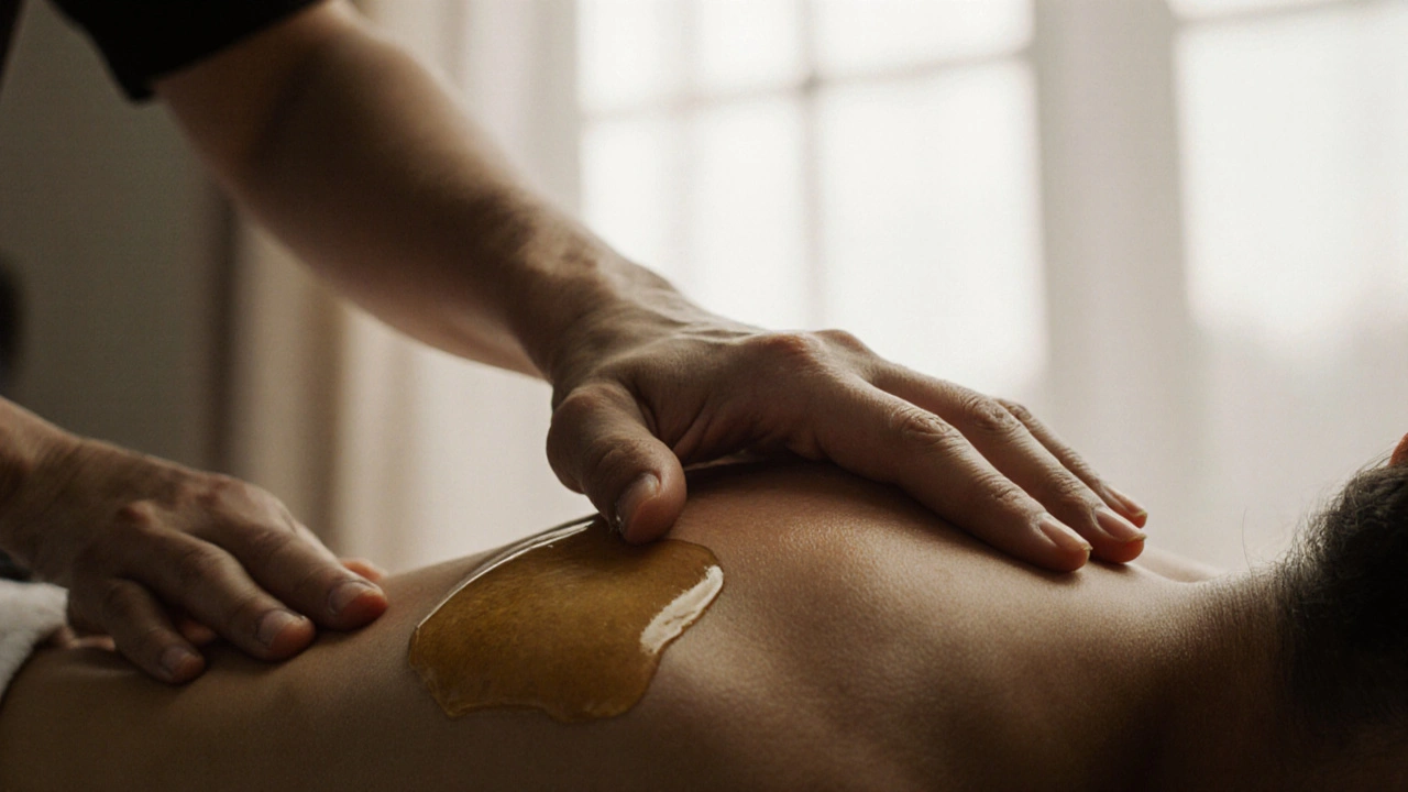 Close-up of hands kneading shoulder muscles with warm oil, natural daylight filtering through curtains.