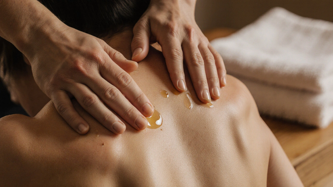 Close-up of hands kneading tense shoulder muscles with oil, showing deep relaxation during a massage session.