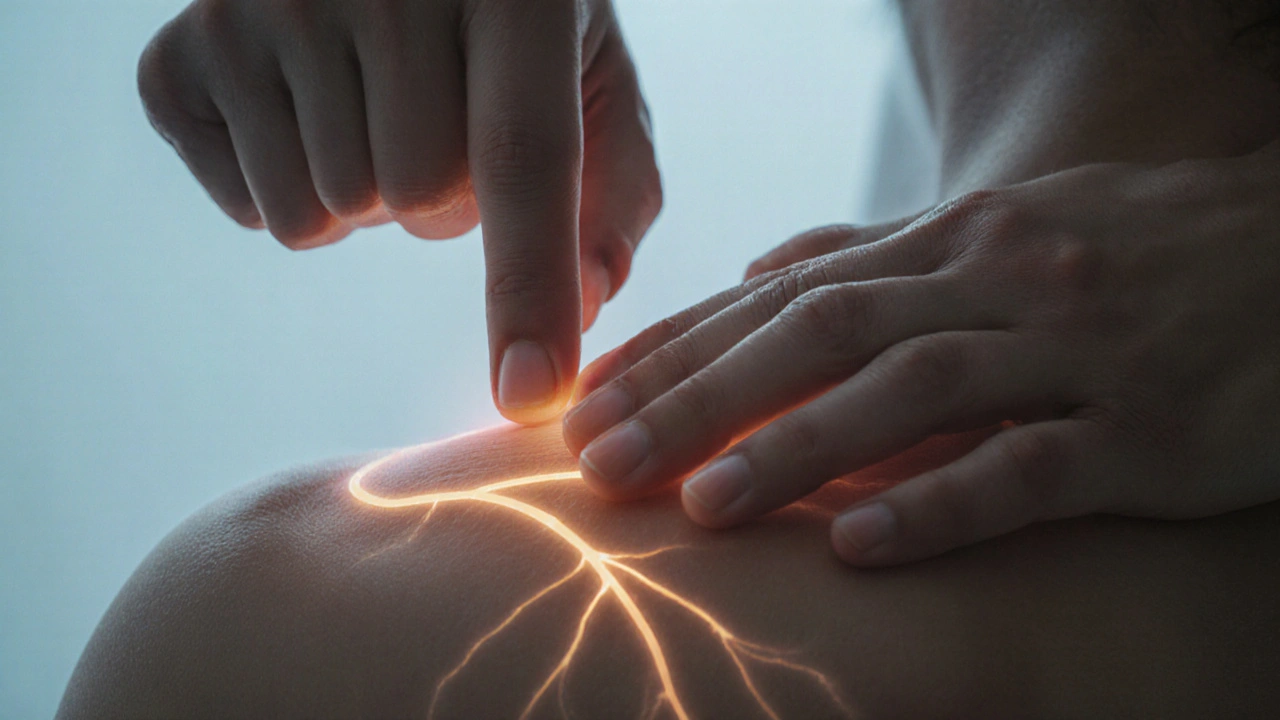 Close-up of hands pressing along meridian lines on the neck and shoulder during Amma therapy.