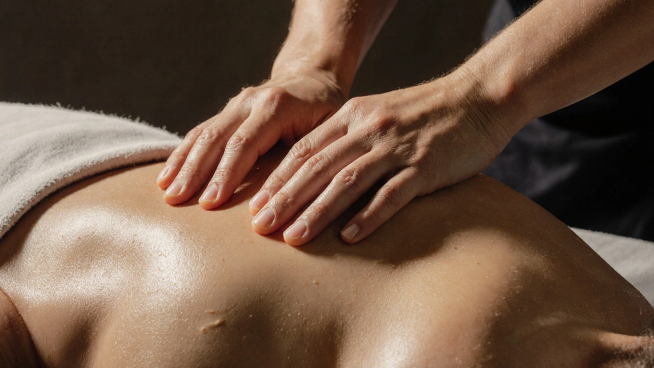 Close-up of hands using kneading motion on shoulder muscles during a soothing Swedish massage.