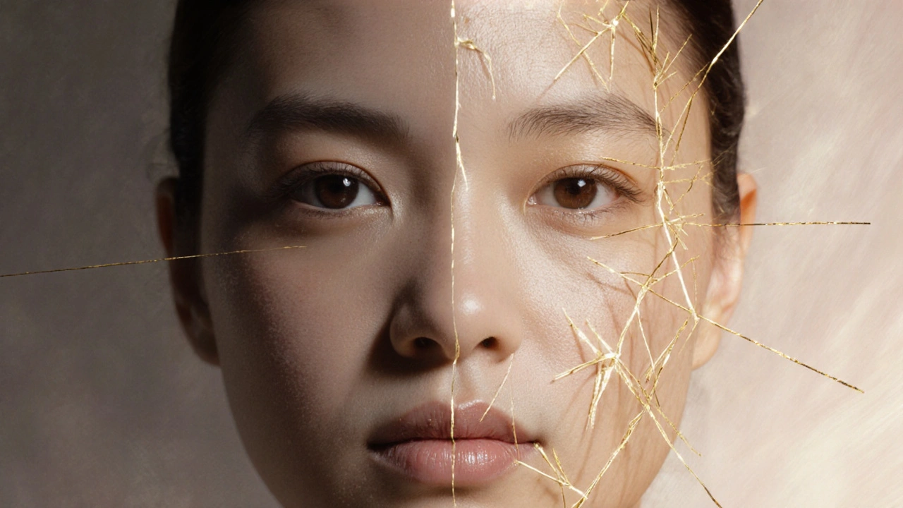 Conceptual before-and-after face showing dullness transforming into radiant glow with golden gua sha paths.