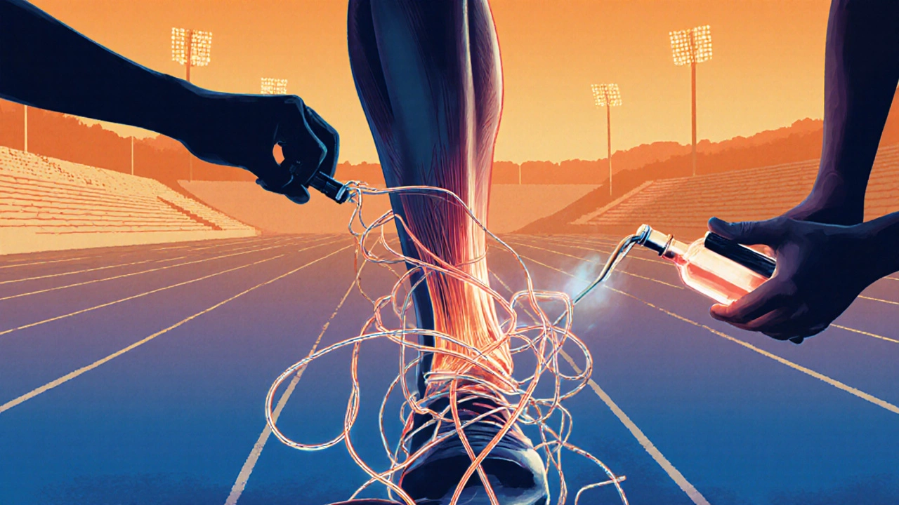 Conceptual image of tangled muscle fibers being untangled by a therapist&#039;s hands, with oxygen flowing into the tissue.