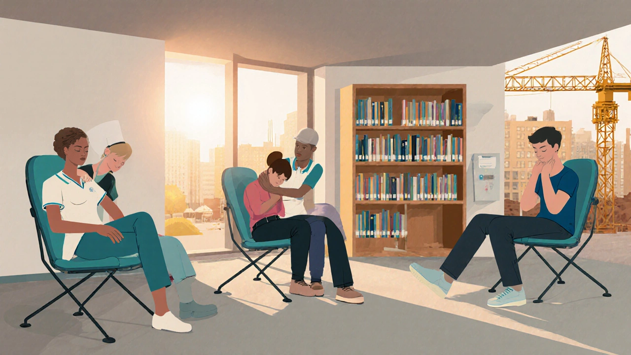 Diverse people getting chair massages in urban settings: hospital, library, university, and construction site.