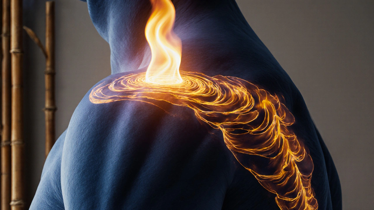 Golden thermal waves radiating through muscle and fascia during a fire massage treatment.