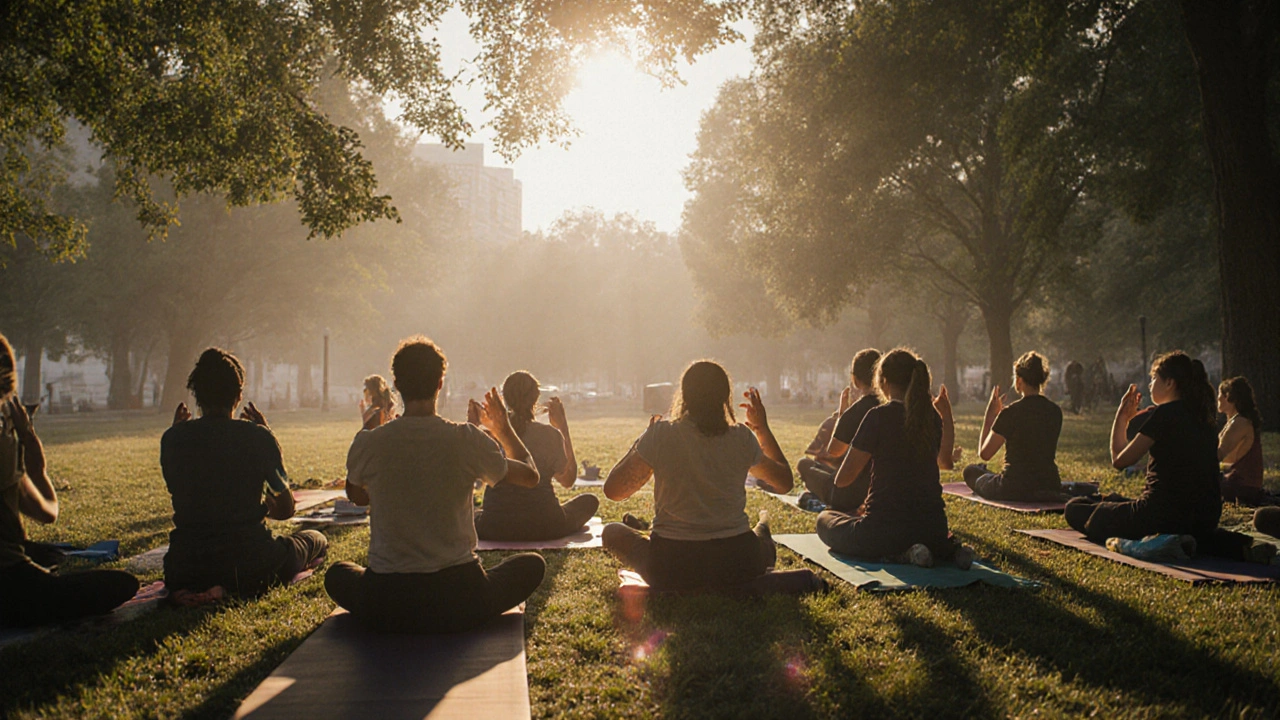 Group of people practicing acu-yoga in a peaceful park at sunrise, each in quiet stillness.