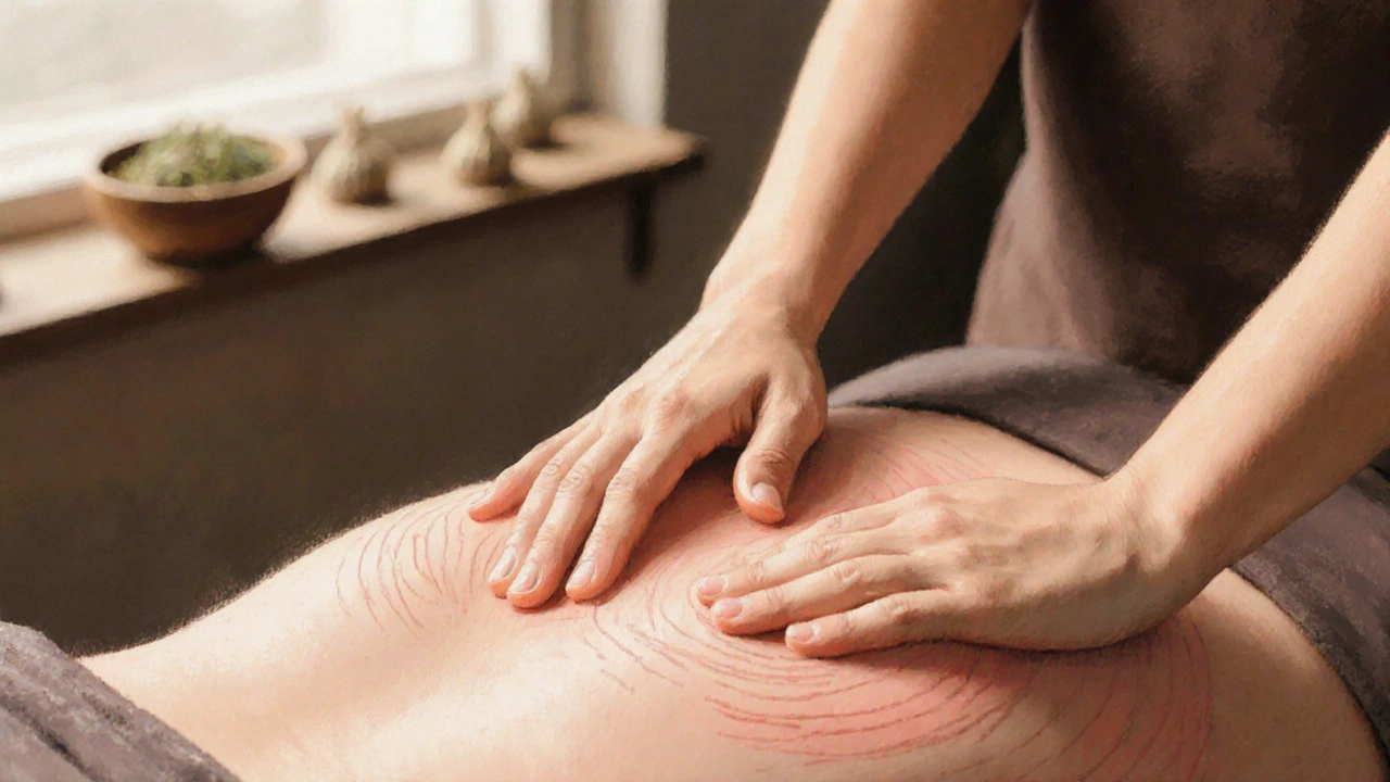 Hands performing gentle lifting and circular motions on the lower abdomen during Maya abdominal massage.