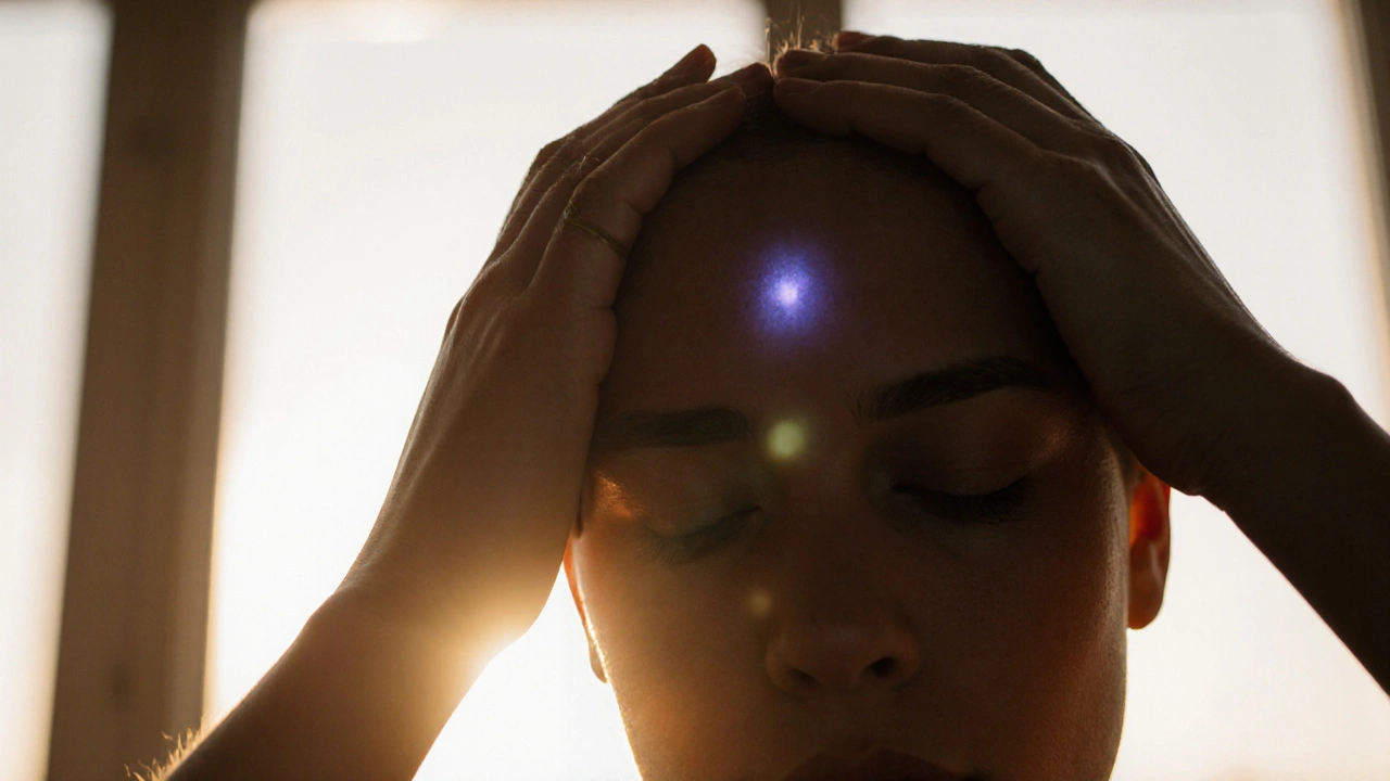 Hands placed on forehead and back of head with a soft glow, symbolizing self-guided energy reset.